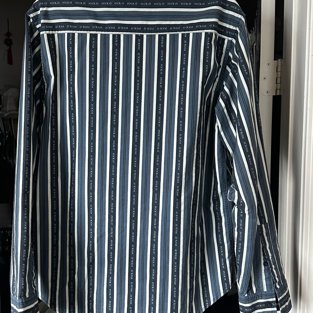 HUF Men's Navy and White Striped Button Down Shirt Funny Message Size- Mens L - Picture 8 of 10